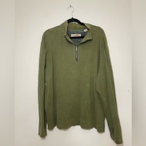 Tommy Bahama 1/4 zip crew‎ neck olive green sweater. XL. 100% cotton.